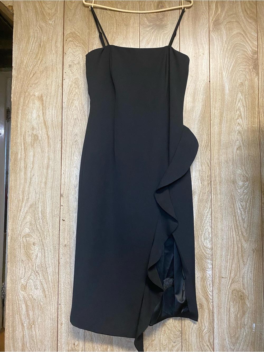 Bardot Black Spaghetti-Strap Midi Dress with Side Ruffle